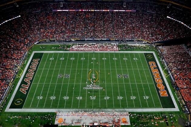 GLENDALE, AZ - JANUARY 11:  A general view of the Alabama Crimson Tide playing the Clemson Tigers during the 2016 College Football Playoff National Championship Game at University of Phoenix Stadium on January 11, 2016 in Glendale, Arizona.  (Photo by Christian Petersen/Getty Images)