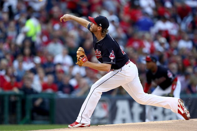 CLEVELAND, OH - OCTOBER 15:  Josh Tomlin #43 of the Cleveland Indians throws a pitch in the first inning against the Toronto Blue Jays during game two of the American League Championship Series at Progressive Field on October 15, 2016 in Cleveland, Ohio.  (Photo by Elsa/Getty Images)