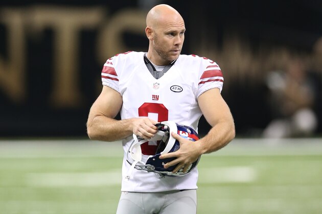 NEW ORLEANS, LA - NOVEMBER 1: Josh Brown #3 of the New York Giants looks on during the game against the New Orleans Saints at the Mercedes-Benz Superdome on November 1, 2015 in New Orleans, Louisiana. The Saints defeated the Giants 52-49. (Photo by Rob Leiter via Getty Images)