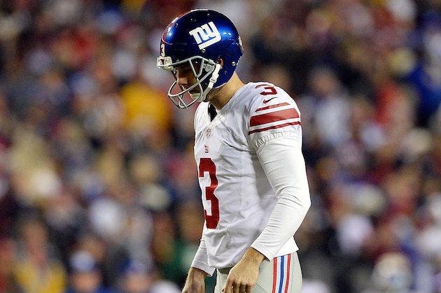 LANDOVER, MD - DECEMBER 01:  Josh Brown #3 of the New York Giants in action during an NFL game against the Washington Redskins at FedExField on December 1, 2013 in Landover, Maryland.  (Photo by Patrick McDermott/Getty Images)