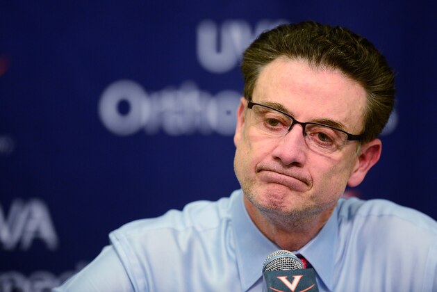 CHARLOTTESVILLE, VA - MARCH 05:  Head coach Rick Pitino of the Louisville Cardinals speaks to the media during a press conference after a game against the Virginia Cavaliers at John Paul Jones Arena on March 5, 2016 in Charlottesville, Virginia. The Virginia Cavaliers defeated the Louisville Cardinals 68-46.  (Photo by Patrick McDermott/Getty Images)