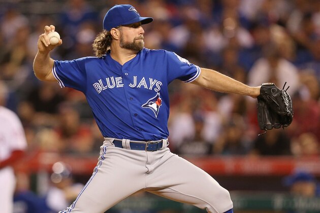 ANAHEIM, CALIFORNIA - SEPTEMBER 16:  R.A. Dickey #43 of the Toronto Blue Jays throws a pitch in the first inning against the Los Angeles Angels of Anaheim at Angel Stadium of Anaheim on September 16, 2016 in Anaheim, California.  (Photo by Stephen Dunn/Getty Images)