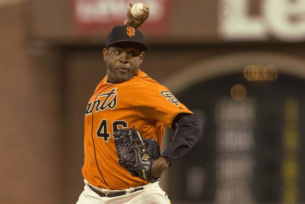 Sep 30, 2016; San Francisco, CA, USA;  San Francisco Giants relief pitcher Santiago Casilla (46) delivers a pitch during the ninth inning against the Los Angeles Dodgers at AT&T Park. The Giants defeated the Dodgers 9-3. Mandatory Credit: Neville E. Guard-USA TODAY Sports