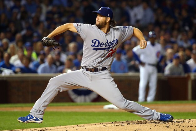 Oct 16, 2016; Chicago, IL, USA; Los Angeles Dodgers starting pitcher Clayton Kershaw (22) pitches during the first inning against the Chicago Cubs in game two of the 2016 NLCS playoff baseball series at Wrigley Field. Mandatory Credit: Jerry Lai-USA TODAY Sports