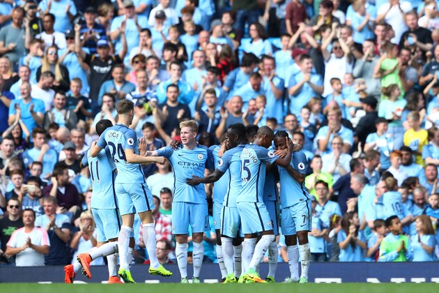 MANCHESTER, ENGLAND - SEPTEMBER 17: Raheem Sterling of Manchester City celebrates scoring his sides third goal with his team mates during the Premier League match between Manchester City and AFC Bournemouth at the Etihad Stadium on September 17, 2016 in Manchester, England.  (Photo by Michael Steele/Getty Images)