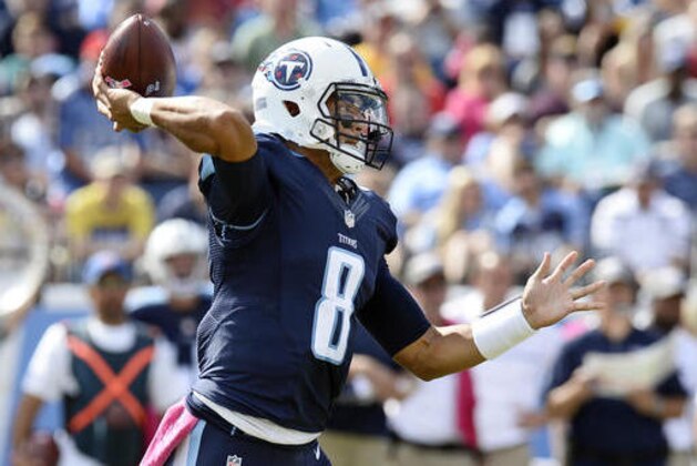 FILE - In this Oct. 16, 2016, file photo, Tennessee Titans quarterback Marcus Mariota passes against the Cleveland Browns in the second half of an NFL football game in Nashville, Tenn. The Titans can win three straight games for the first time in five years if they beat Indianapolis on Sunday, a win that could put them into a tie for first in the AFC South.  (AP Photo/Mark Zaleski, File)