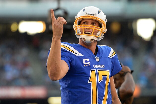 Oct 13, 2016; San Diego, CA, USA; San Diego Chargers quarterback Philip Rivers (17) reacts during the first quarter against the Denver Broncos at Qualcomm Stadium. Mandatory Credit: Jake Roth-USA TODAY Sports
