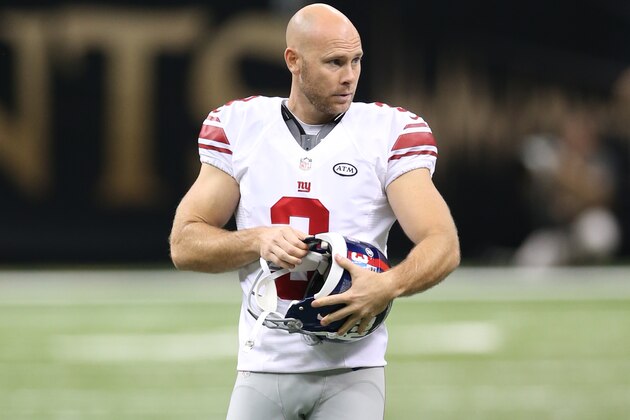 NEW ORLEANS, LA - NOVEMBER 1: Josh Brown #3 of the New York Giants looks on during the game against the New Orleans Saints at the Mercedes-Benz Superdome on November 1, 2015 in New Orleans, Louisiana. The Saints defeated the Giants 52-49. (Photo by Rob Leiter via Getty Images)