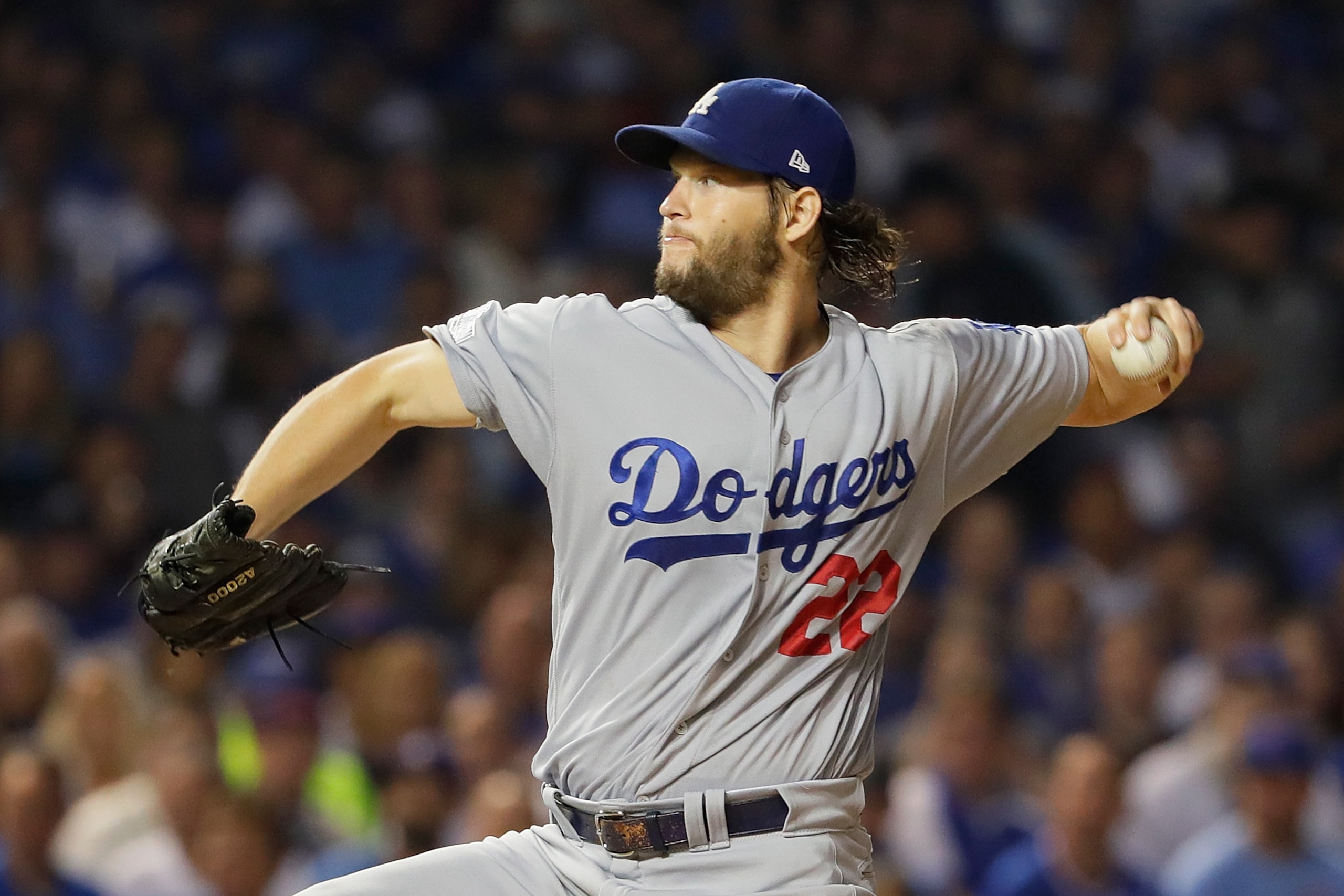 CHICAGO, IL - OCTOBER 16:  Clayton Kershaw #22 of the Los Angeles Dodgers throws a pitch in the first inning against the Chicago Cubs during game two of the National League Championship Series at Wrigley Field on October 16, 2016 in Chicago, Illinois.  (Photo by Jamie Squire/Getty Images)