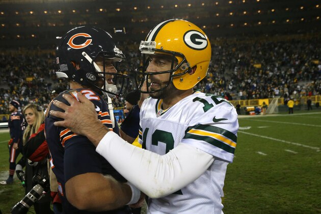 GREENBAY, WI - OCTOBER 20: Quarterback Aaron Rodgers #12 of the Green Bay Packers meets with quarterback Matt Barkley #12 of the Chicago Bears after the Green Bay Packers defeated the Chicago Bears 26-10 at Lambeau Field on October 20, 2016 in Green Bay, Wisconsin. (Photo by Dylan Buell/Getty Images)