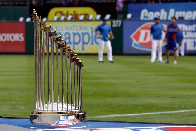 ARLINGTON, TX - OCTOBER 22: The Commissioner's Trophy is seen prior to Game Three of the MLB World Series between the St. Louis Cardinals and the Texas Rangers at Rangers Ballpark in Arlington on October 22, 2011 in Arlington, Texas.  (Photo by Rob Carr/Getty Images)
