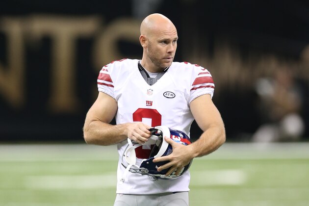 NEW ORLEANS, LA - NOVEMBER 1: Josh Brown #3 of the New York Giants looks on during the game against the New Orleans Saints at the Mercedes-Benz Superdome on November 1, 2015 in New Orleans, Louisiana. The Saints defeated the Giants 52-49. (Photo by Rob Leiter via Getty Images)