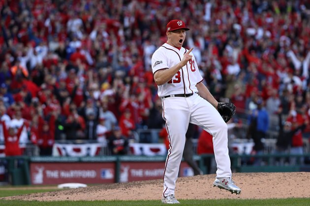 WASHINGTON, DC - OCTOBER 9: Mark Melancon #43 of the Washington Nationals celebrates after the Washington Nationals defeated the Los Angeles Dodgers 5-2 in game two of the National League Division Series at Nationals Park on October 9, 2016 in Washington, DC. (Photo by Patrick Smith/Getty Images)