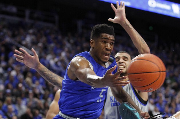 Oct 21, 2016; Lexington, KY, USA; Kentucky Wildcats guard Malik Monk (5) passes the ball around guard Mychal Mulder (11) during the Kentucky blue-white game at Rupp Arena. Mandatory Credit: Mark Zerof-USA TODAY Sports