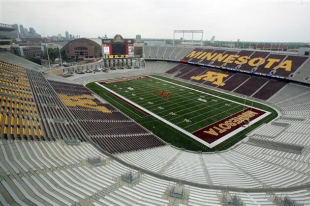 The Minneapolis skyline is visible in the left background Tuesday, June 16, 2009 as the Minnesota Associated Press media toured the new on-campus TCF Bank Stadium in Minneapolis where the Golden Gophers will play the first football game there Sept. 12 against Air Force.  (AP Photo/Jim Mone)