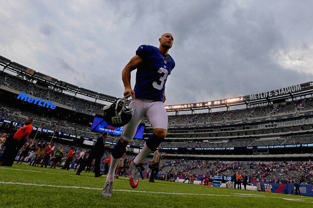 EAST RUTHERFORD, NJ - SEPTEMBER 18:  Kicker Josh Brown #3 of the New York Giants leaves the field after kicking the game-winning field goal against the New Orleans Saints at MetLife Stadium on September 18, 2016 in East Rutherford, New Jersey. The New York Giants won 16-13.  (Photo by Michael Reaves/Getty Images)