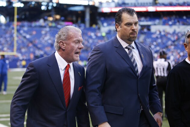 INDIANAPOLIS, IN - NOVEMBER 8: General manager Ryan Grigson of the Indianapolis Colts talks with owner Jim Irsay before a game against the Denver Broncos at Lucas Oil Stadium on November 8, 2015 in Indianapolis, Indiana. The Colts defeated the Broncos 27-24. (Photo by Joe Robbins/Getty Images)