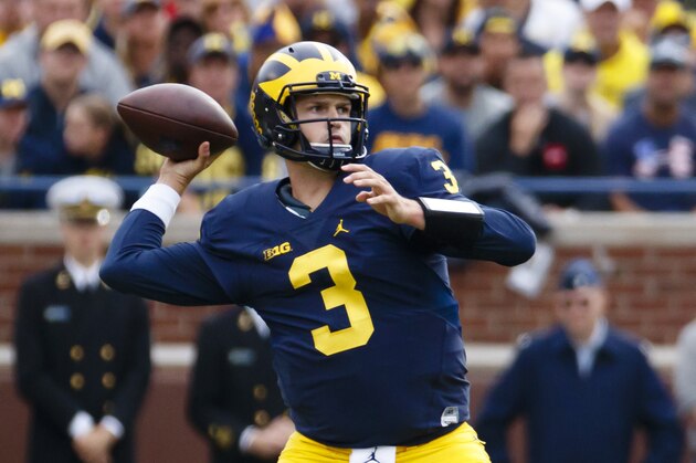 Oct 1, 2016; Ann Arbor, MI, USA; Michigan Wolverines quarterback Wilton Speight (3) passes in the first quarter against the Wisconsin Badgers at Michigan Stadium. Mandatory Credit: Rick Osentoski-USA TODAY Sports