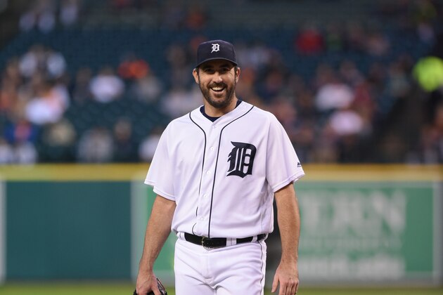 DETROIT, MI - SEPTEMBER 27:  Justin Verlander #35 of the Detroit Tigers looks on and smiles during the game against the Cleveland Indians at Comerica Park on September 27, 2016 in Detroit, Michigan. The Tigers defeated the Indians 12-0.  (Photo by Mark Cunningham/MLB Photos via Getty Images)