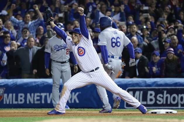 CHICAGO, IL - OCTOBER 22:  Anthony Rizzo #44 of the Chicago Cubs celebrates after defeating the Los Angeles Dodgers 5-0 in game six of the National League Championship Series to advance to the World Series against the Cleveland Indians at Wrigley Field on October 22, 2016 in Chicago, Illinois.  (Photo by Jonathan Daniel/Getty Images)