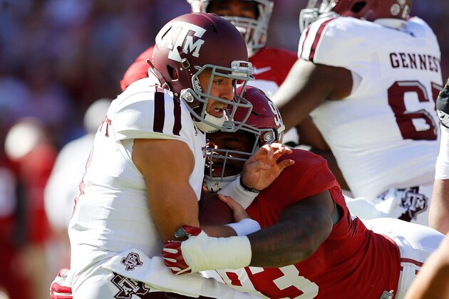 TUSCALOOSA, AL - OCTOBER 22: Jonathan Allen #93 of the Alabama Crimson Tide sacks Trevor Knight #8 of the Texas A&M Aggies at Bryant-Denny Stadium on October 22, 2016 in Tuscaloosa, Alabama. (Photo by Kevin C. Cox/Getty Images) TUSCALOOSA, AL - OCTOBER 22: Jonathan Allen #93 of the Alabama Crimson Tide sacks Trevor Knight #8 of the Texas A&M Aggies at Bryant-Denny Stadium on October 22, 2016 in Tuscaloosa, Alabama. (Photo by Kevin C. Cox/Getty Images)