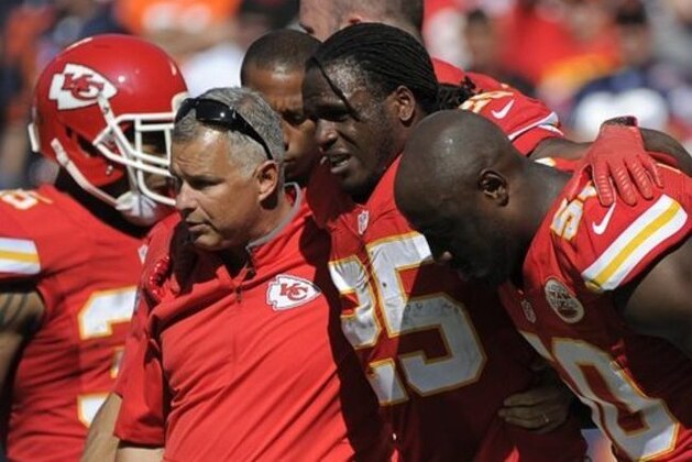 FILE - In this Oct. 11, 2015, file photo, Kansas City Chiefs running back Jamaal Charles (25) is helped off the field after an injury in the second half of an NFL football game against the Chicago Bears in Kansas City, Mo. For the second time in five seasons, one of the most dynamic players in the NFL tore the ACL in his knee. He was done for the year, and now faced the prospect of another round of grueling rehabilitation. (AP Photo/Ed Zurga, File)