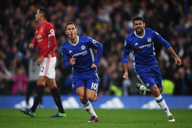 LONDON, ENGLAND - OCTOBER 23:  Eden Hazard of Chelsea celebrates scoring his sides third goal with Diego Costa of Chelsea during the Premier League match between Chelsea and Manchester United at Stamford Bridge on October 23, 2016 in London, England.  (Photo by Mike Hewitt/Getty Images)