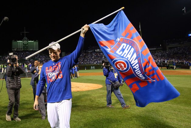 Oct 22, 2016; Chicago, IL, USA; Chicago Cubs first baseman Anthony Rizzo (44) celebrates defeating the Los Angeles Dodgers in game six of the 2016 NLCS playoff baseball series at Wrigley Field. Cubs win 5-0 to advance to the World Series. Mandatory Credit: Jerry Lai-USA TODAY Sports