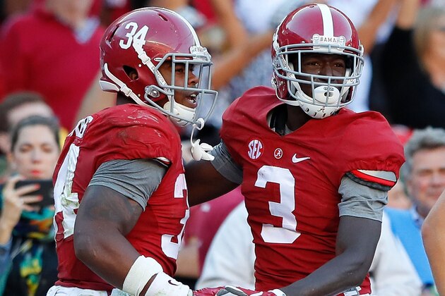 TUSCALOOSA, AL - OCTOBER 22:  Calvin Ridley #3 of the Alabama Crimson Tide reacts after scoring a touchdown against the Texas A&M Aggies with Damien Harris #34 at Bryant-Denny Stadium on October 22, 2016 in Tuscaloosa, Alabama.  (Photo by Kevin C. Cox/Getty Images)