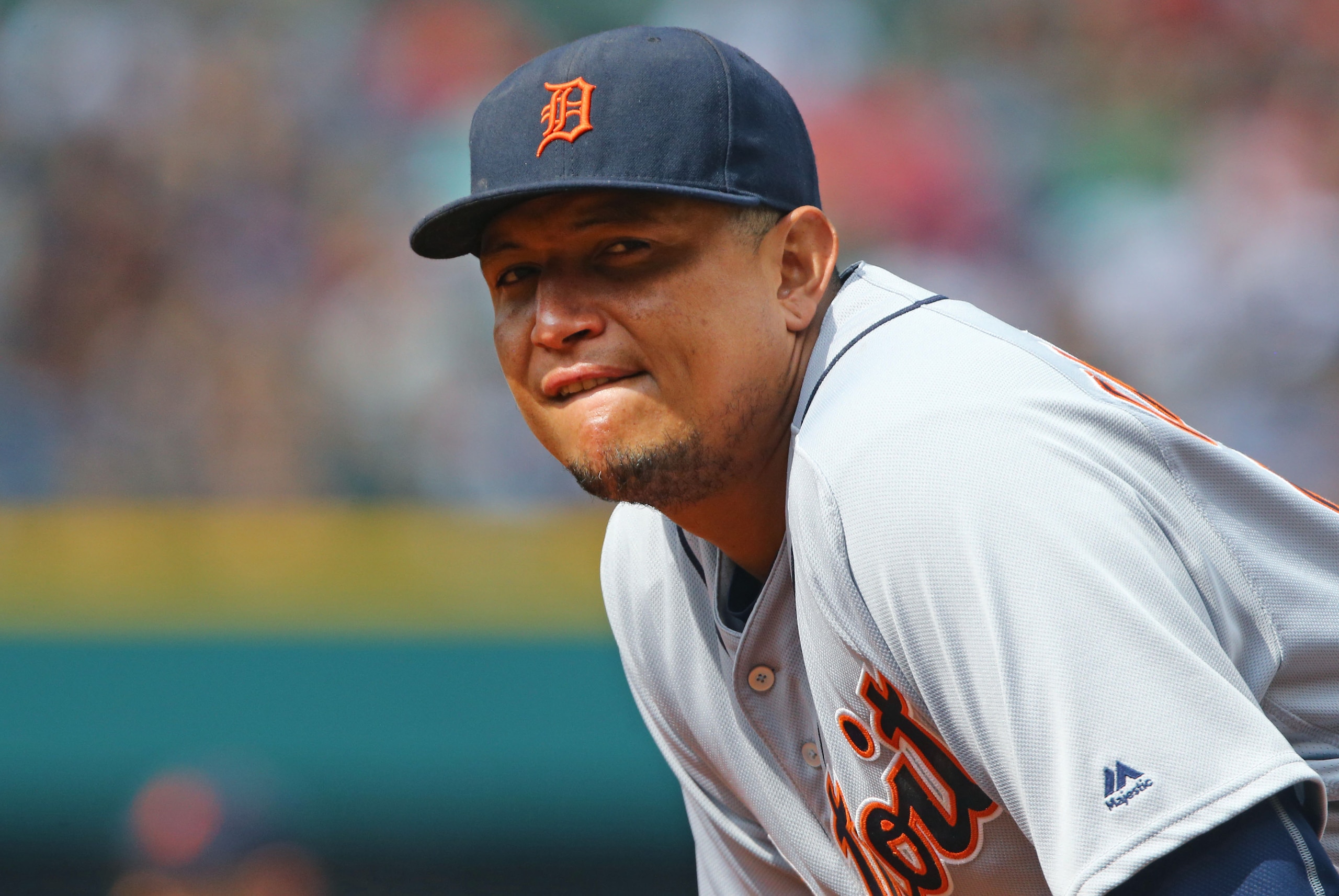 Sep 18, 2016; Cleveland, OH, USA; Detroit Tigers first baseman Miguel Cabrera (24) against the Cleveland Indians at Progressive Field. The Tigers won 9-5. Mandatory Credit: Aaron Doster-USA TODAY Sports