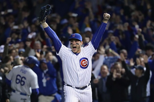 CHICAGO, IL - OCTOBER 22:  Anthony Rizzo #44 of the Chicago Cubs celebrates after defeating the Los Angeles Dodgers 5-0 in game six of the National League Championship Series to advance to the World Series against the Cleveland Indians at Wrigley Field on October 22, 2016 in Chicago, Illinois.  (Photo by Jonathan Daniel/Getty Images)