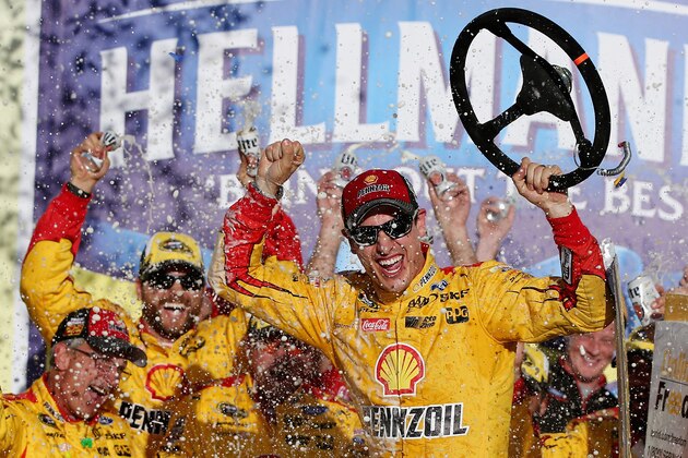 TALLADEGA, AL - OCTOBER 23:  Joey Logano, driver of the #22 Shell Pennzoil Ford, celebrates in Victory Lane after winning the NASCAR Sprint Cup Series Hellmann's 500 at Talladega Superspeedway on October 23, 2016 in Talladega, Alabama.  (Photo by Sean Gardner/Getty Images)