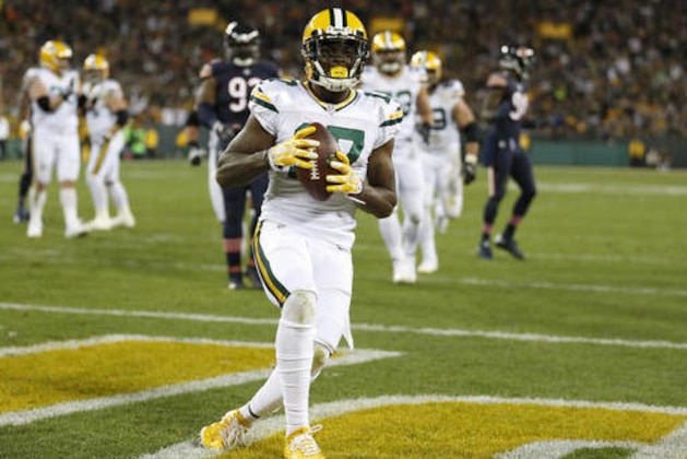 Green Bay Packers wide receiver Davante Adams (17) celebrates after making a touchdown catch during the second half of an NFL football game against the Chicago Bears, Thursday, Oct. 20, 2016, in Green Bay, Wis. (AP Photo/Matt Ludtke)