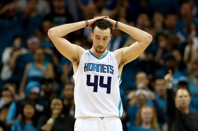 CHARLOTTE, NC - APRIL 29:  Frank Kaminsky #44 of the Charlotte Hornets reacts after a call against the Miami Heat during game six of the Eastern Conference Quarterfinals of the 2016 NBA Playoffs at Time Warner Cable Arena on April 29, 2016 in Charlotte, North Carolina.  NOTE TO USER: User expressly acknowledges and agrees that, by downloading and or using this photograph, User is consenting to the terms and conditions of the Getty Images License Agreement.  (Photo by Streeter Lecka/Getty Images)