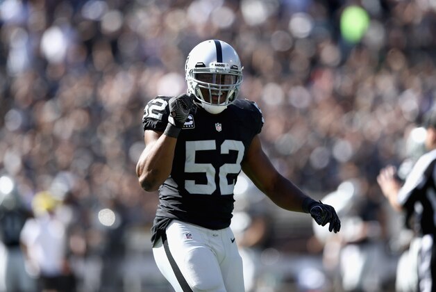 OAKLAND, CA - OCTOBER 09:  Khalil Mack #52 of the Oakland Raiders reacts during their game against the San Diego Chargers at Oakland-Alameda County Coliseum on October 9, 2016 in Oakland, California.  (Photo by Ezra Shaw/Getty Images)