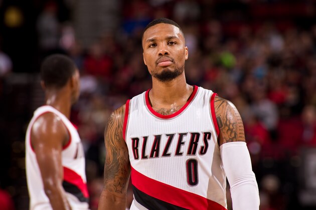 PORTLAND, OR - OCTOBER 16: Damian Lillard #0 of the Portland Trail Blazers is seen during the game against the Denver Nuggets on October 16, 2016 at the Moda Center Arena in Portland, Oregon. NOTE TO USER: User expressly acknowledges and agrees that, by downloading and or using this photograph, user is consenting to the terms and conditions of the Getty Images License Agreement. Mandatory Copyright Notice: Copyright 2016 NBAE (Photo by Cameron Browne/NBAE via Getty Images)