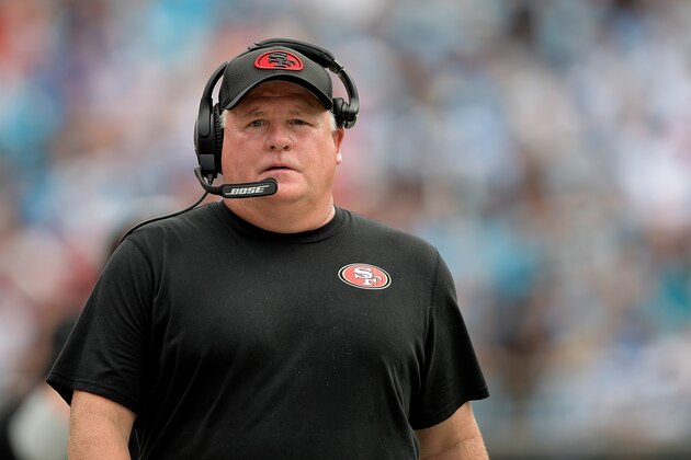 CHARLOTTE, NC - SEPTEMBER 18:  Head coach Chip Kelly of the San Francisco 49ers  watches his team during the game against the Carolina Panthers at Bank of America Stadium on September 18, 2016 in Charlotte, North Carolina.  (Photo by Grant Halverson/Getty Images)