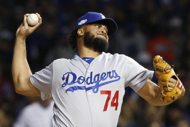 Los Angeles Dodgers relief pitcher Kenley Jansen (74) throws during the sixth inning of Game 6 of the National League baseball championship series against the Chicago Cubs, Saturday, Oct. 22, 2016, in Chicago. (AP Photo/Nam Y. Huh)