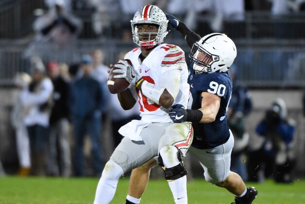 Oct 22, 2016; University Park, PA, USA; Penn State Nittany Lions defensive end Garrett Sickels (90) sacks Ohio State Buckeyes quarterback J.T. Barrett (16) during the third quarter at Beaver Stadium. Mandatory Credit: Rich Barnes-USA TODAY Sports
