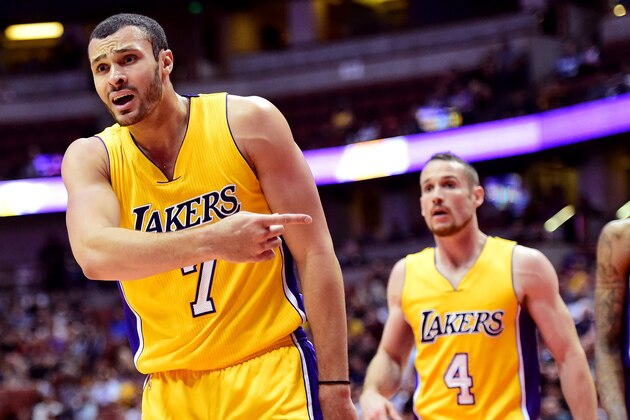 ANAHEIM, CA - OCTOBER 21:  Larry Nance Jr. #7 of the Los Angeles Lakers reacts with Marcelo Huertas #4 during a 98-94 Phoenix Suns preseason game win at Honda Center on October 21, 2016 in Anaheim, California.  NOTE TO USER: User expressly acknowledges and agrees that, by downloading and or using this photograph, User is consenting to the terms and conditions of the Getty Images License Agreement.  (Photo by Harry How/Getty Images)