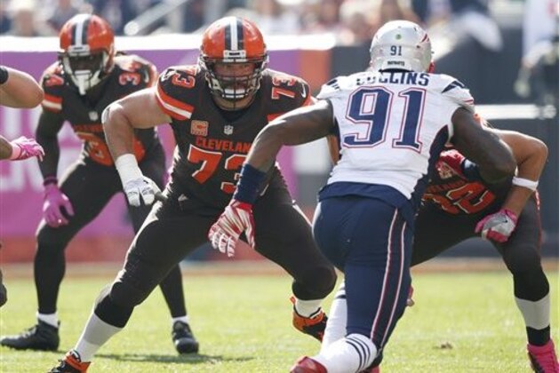 Cleveland Browns' Joe Thomas (73) looks to block New England Patriots' Jamie Collins (91) during the first half of an NFL football game Sunday, Oct. 9, 2016, in Cleveland. (AP Photo/Ron Schwane)