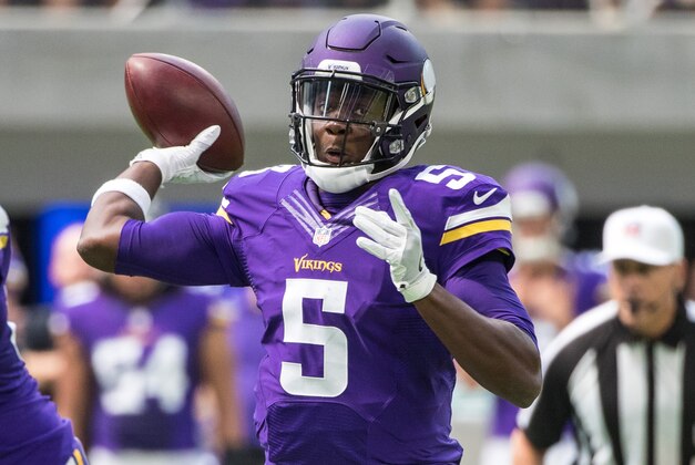 Aug 28, 2016; Minneapolis, MN, USA;  Minnesota Vikings quarterback Teddy Bridgewater (5) throws the ball during the first quarter in a preseason game against the San Diego Chargers at U.S. Bank Stadium. Mandatory Credit: Brace Hemmelgarn-USA TODAY Sports