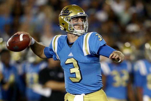 PASADENA, CA - OCTOBER 01:  Josh Rosen #3 of the UCLA Bruins rolls out to pass during the first half of a game against the Arizona Wildcats  at the Rose Bowl on October 1, 2016 in Pasadena, California.  (Photo by Sean M. Haffey/Getty Images)