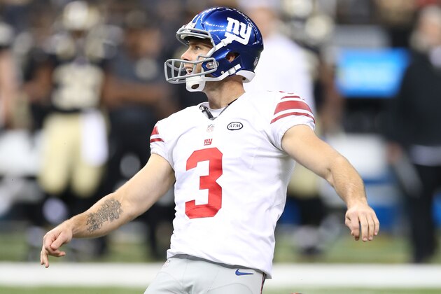 NEW ORLEANS, LA - NOVEMBER 1: Josh Brown #3 of the New York Giants kicks during the game against the New Orleans Saints at the Mercedes-Benz Superdome on November 1, 2015 in New Orleans, Louisiana. The Saints defeated the Giants 52-49. (Photo by Rob Leiter via Getty Images)