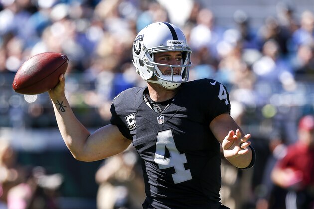 JACKSONVILLE, FL - OCTOBER 23: Quarterback Derek Carr #4 of the Oakland Raiders on a pass play during the game against the Jacksonville Jaguars at EverBank Field on October 23, 2016 in Jacksonville, Florida. The Raiders defeated the Jaguars 33 to 16. (Photo by Don Juan Moore/Getty Images)