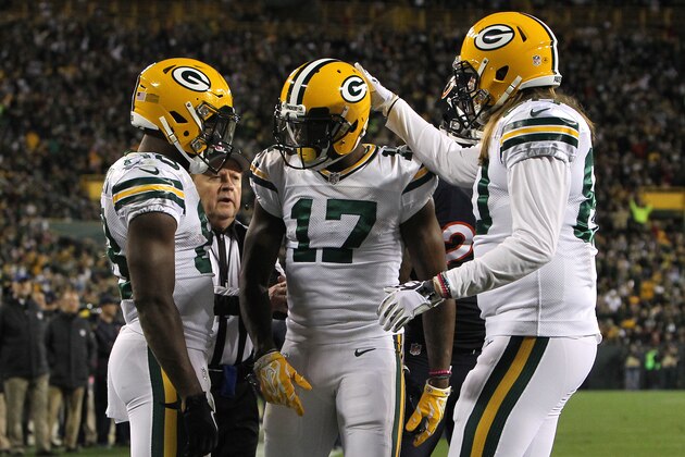 GREENBAY, WI - OCTOBER 20: Wide receiver Davante Adams #17 of the Green Bay Packers celebrates with teammates wide receiver Ty Montgomery #88 and tight end Justin Perillo #80 after scoring a third quarter touchdown against the Chicago Bears at Lambeau Field on October 20, 2016 in Green Bay, Wisconsin. (Photo by Dylan Buell/Getty Images)