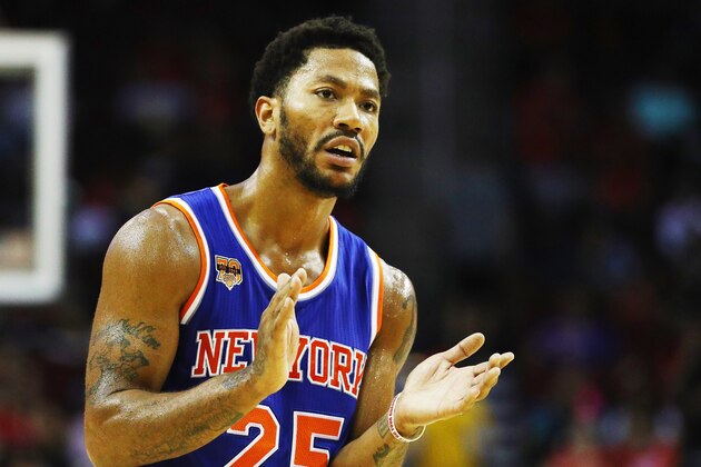 HOUSTON, TX - OCTOBER 04:  Derrick Rose #25 of the New York Knicks waits on the court during their game against the Houston Rockets at the Toyota Center on October 4, 2016 in Houston, Texas. NOTE TO USER: User expressly acknowledges and agrees that, by downloading and or using this Photograph, user is consenting to the terms and conditions of the Getty Images License Agreement.  (Photo by Scott Halleran/Getty Images)