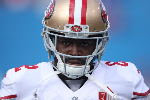 ORCHARD PARK, NY - OCTOBER 16: Torrey Smith #82 of the San Francisco 49ers warms up before the start of NFL game action against the Buffalo Bills at New Era Field on October 16, 2016 in Orchard Park, New York. (Photo by Tom Szczerbowski/Getty Images)