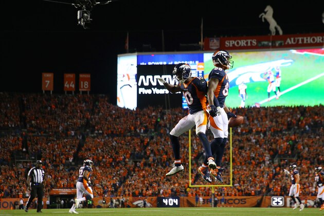DENVER, CO - OCTOBER 24:  Wide receiver Demaryius Thomas #88 of the Denver Broncos celebrate a touchdown with wide receiver Emmanuel Sanders #10 in the second quarter of the game against the Houston Texans at Sports Authority Field at Mile High on October 24, 2016 in Denver, Colorado. (Photo by Justin Edmonds/Getty Images)