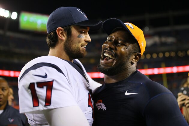 DENVER, CO - OCTOBER 24:  Quarterback Brock Osweiler #17 of the Houston Texans embraces outside linebacker Von Miller #58 of the Denver Broncos after the Broncos won 27-9 at Sports Authority Field at Mile High on October 24, 2016 in Denver, Colorado. (Photo by Justin Edmonds/Getty Images)